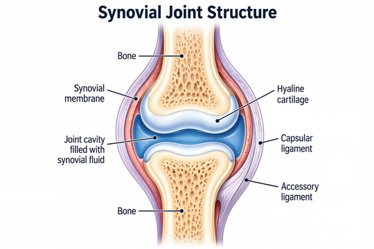 Synovial joint Skeletal system synovial joint structure and anatomy. Human skeleton and diagram.