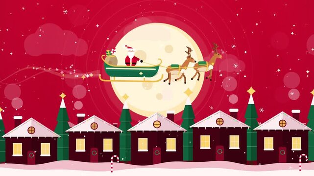 Santa Claus flying with reindeer over a glowing full moon and snowy village graphic video footage