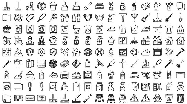 100 Cleaning Service Line Icons Featuring Broom Mop Vacuum Spray Bottle Sponge Bucket Gloves and Household Cleaning Tools