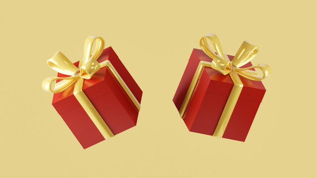 3D double floating Red gift boxes with Yellow ribbon on Beige color background. 3D modeling object