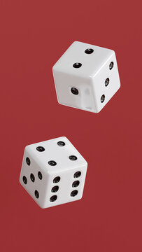 Double floating 3D White dices cube over Red Fox background color. 2 White dices with Black dot on vertical background