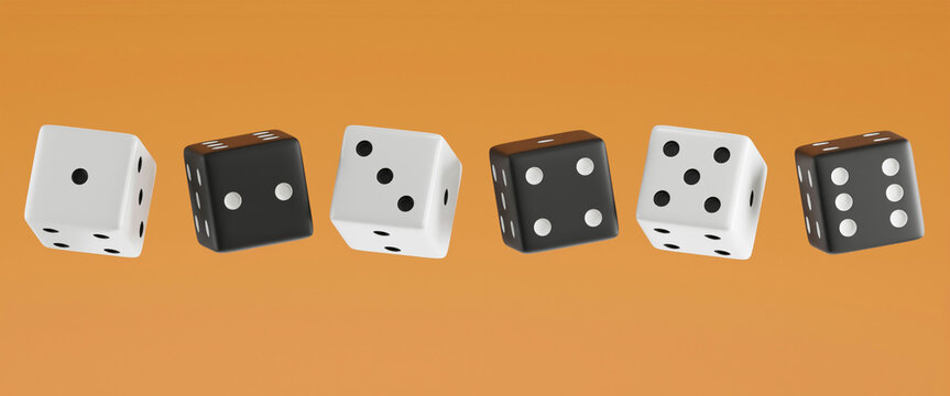 Six consecutive floating dice in a row on Pastel Orange background. 3 White dices and 3 Black dices. 3D floating dices