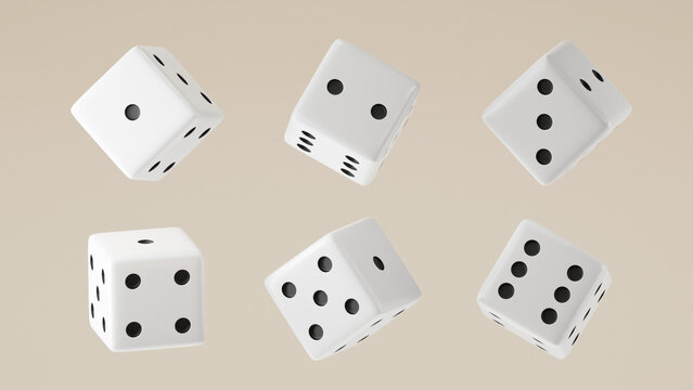 Six consecutive floating dices on Antique White background, 6 White dices with Black dot, dices template