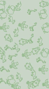 Green line drawing pattern with sheep, penguin, squirrel, and duck illustrations. Suitable for childrens products and naturethemed designs.