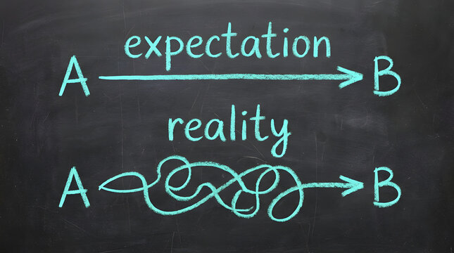 Hand drawn turquoise chalk diagram on a dark blackboard illustrating the humorous concept of expectation versus reality with a straight path and a convoluted tangled line between points a and b