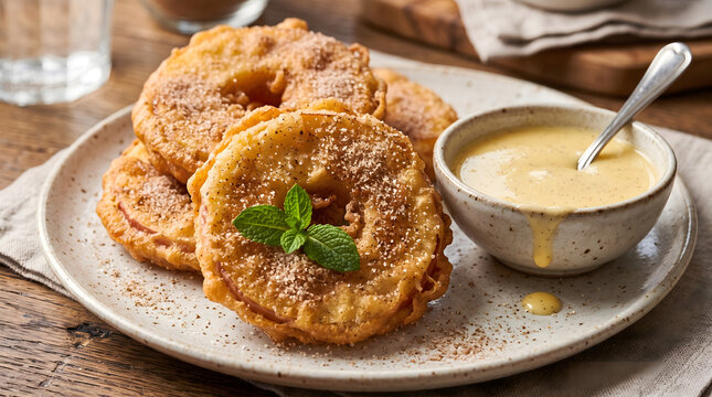 Hyper Realistic 9K 30 Degree Angle Close Up Liechtenstein Alperkuchle Fried Apple Rings Food Photography