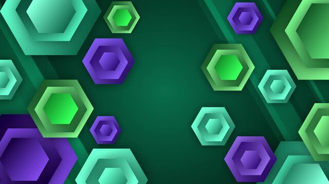 Colorful Glowing Hexagon Technology Background Animation, Colorful glowing hexagon frames in blue, teal and pink surround a dark navy background, creating a modern abstract technology design