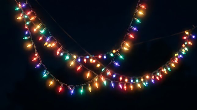 A beautiful and vibrant string of multicolored christmas lights gently arches across a shadowy dark backdrop establishing a joyful holiday mood
