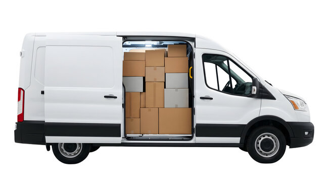 White cargo delivery van with sliding side door open revealing stacked cardboard boxes of various sizes and shades of brown and gray inside, set against a plain black background