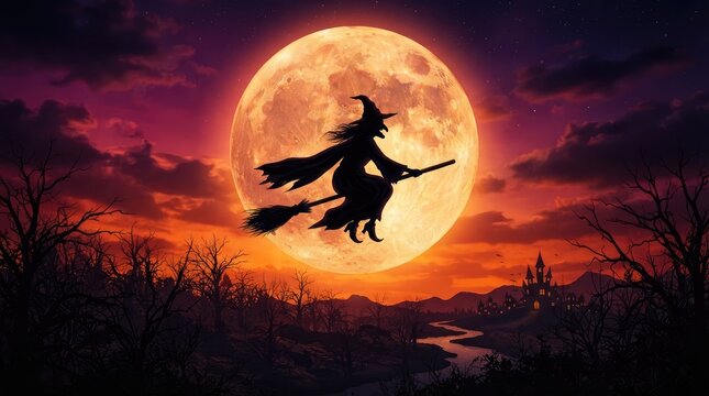 Witch silhouette flying on broomstick against massive full moon for halloween with orange moon night sky folklore