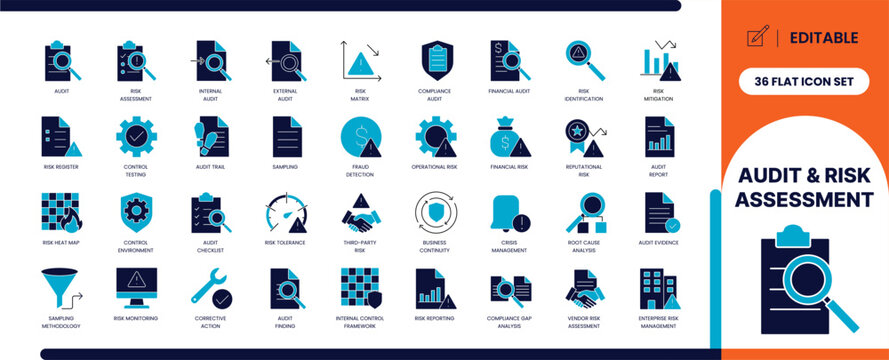 Audit and risk assessment glyph icon set