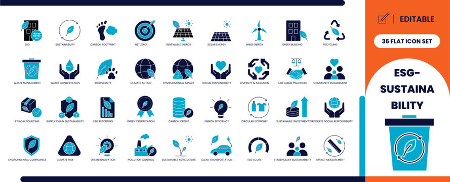 ESG sustainability glyph icon set