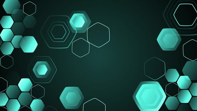 Dark hexagon technology background with copy space animation, abstract background with glowing white and hexagons around the edges, leaving open copy space in the center for modern technology designs