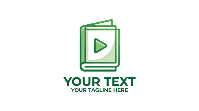 Modern open book logo with integrated play button, green outline design, digital learning, education, knowledge platform.