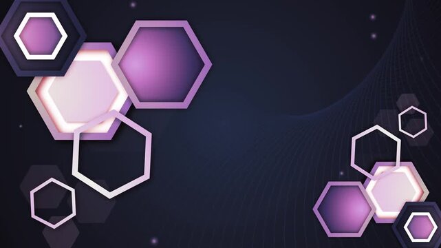 Technology background with hexagon frames animation, Abstract background with layered hexagon frames, soft shadows, glowing dots, and flowing wave lines. Modern technology design with copy space.