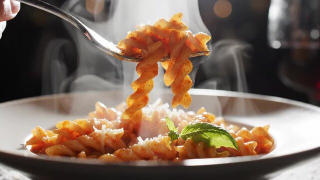 Steaming hot fusilli pasta with rich tomato sauce, grated cheese, and fresh basil.