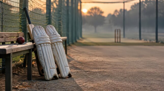 Cricket Equipment on Bench at Sunrise in Practice Nets