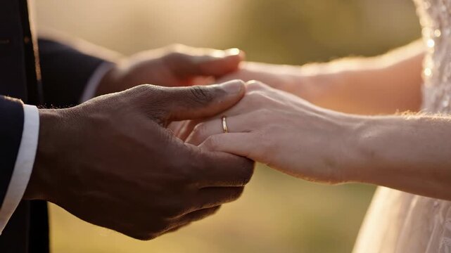 Close-up of an interracial couple's hands, symbolizing love and unity.