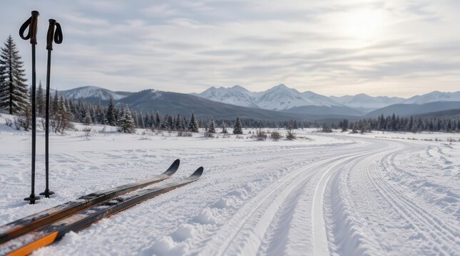 Cross Country Ski Trail with Skis and Poles in a Snowy Mountain Range