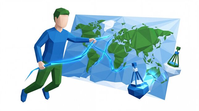 Low poly word map globe vektor with man holding glowing data graph