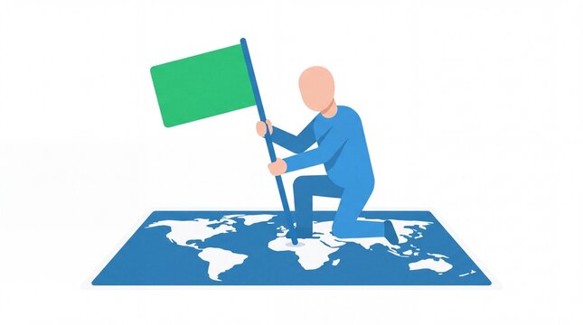 Man planting green flag on word map globe vektor illustration
