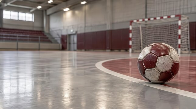 Futsal Ball on Indoor Court with Goal in Background