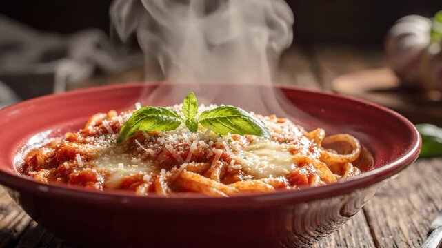 Steaming hot spaghetti with rich tomato sauce, parmesan, and fresh basil in a rustic setting.