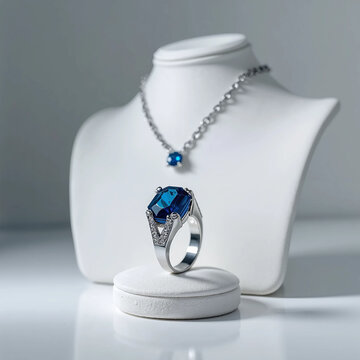 Blue stone in silver neckless and ring 