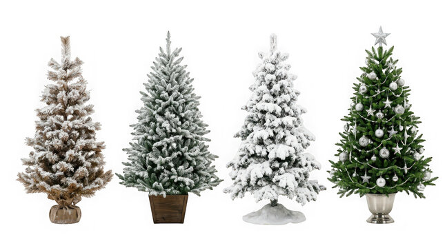 Four different styles of christmas trees isolated on transparent background