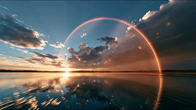 A breathtaking view of a vivid double rainbow arching over the waterfront at dusk and the beautiful sky