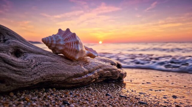 Beautiful seashell on driftwood at a serene beach during a vibrant sunset.