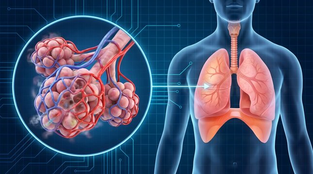 Human Lungs and Alveoli Illustration for Respiratory System and Gas Exchange.