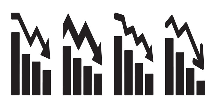 Declining business trend bar chart icon set with downward pointing arrows for financial loss analysis and economic market failure presentations.