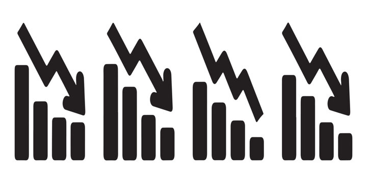 Set of negative financial trend bar charts with downward arrows representing economic losses and budget deficits for professional analytics design.