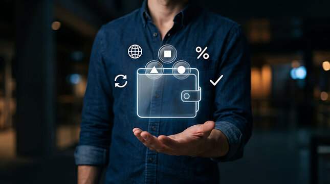 Man holding a glowing digital wallet and financial icons in his hand