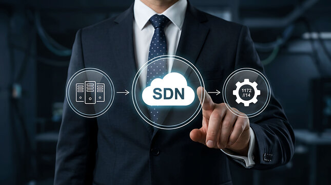 Businessman interacting with digital graphic of Software-Defined Networking SDN