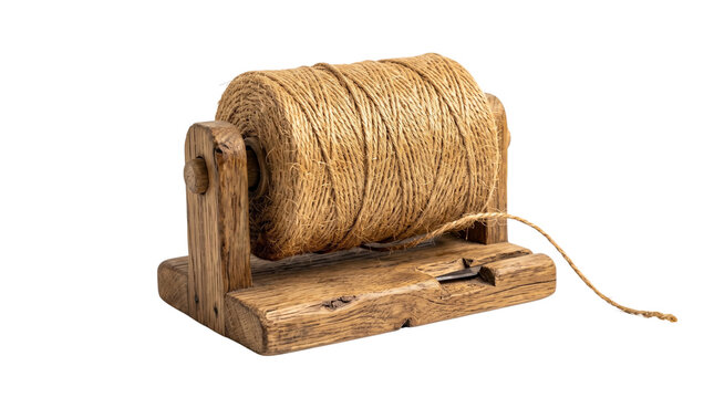 Rustic wooden twine holder with jute rope spool, vintage craft string dispenser tool, natural brown cord for gift wrapping isolated PNG with Transparent Background