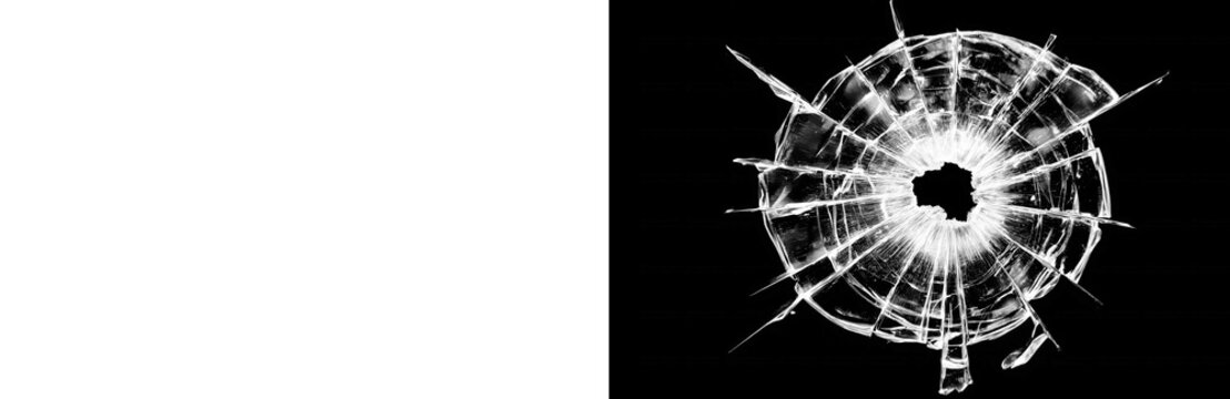 Shattered glass hole with sharp crack lines radiating outward forming a dramatic circular impact pattern showcasing destruction and damage isolated on transparent background