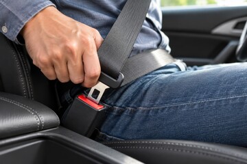 Naklejka na ściany i meble A close-up of a person in a car wearing jeans, fastening their black seatbelt for road safety.