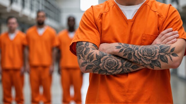 A close-up view of a person wearing orange prison clothing with tattooed arms crossed in a hallway.