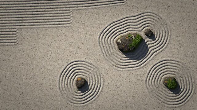 Zen Garden Raking Sand Ripple Patterns Top View Animation