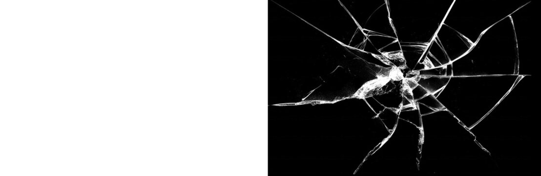 Shattered glass hole with dramatic radial cracks spreading outward across dark surface isolated on transparent background