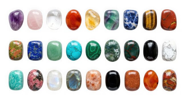 Collection of various polished gemstones isolated on transparent background