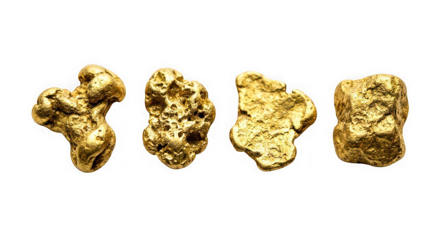 Four natural raw gold nuggets isolated on transparent background