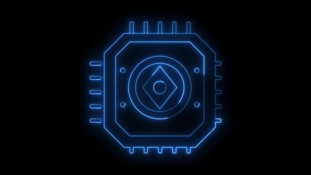 Blue glowing neon microprocessor chip icon on black background cpu technology processor hardware computer