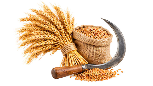 Golden wheat ears with sack of grain and harvesting sickle isolated on white background
