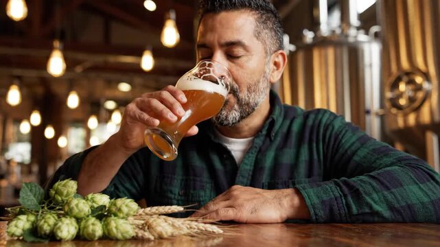 Man savoring the aroma of craft beer at a brewery with hops and wheat.