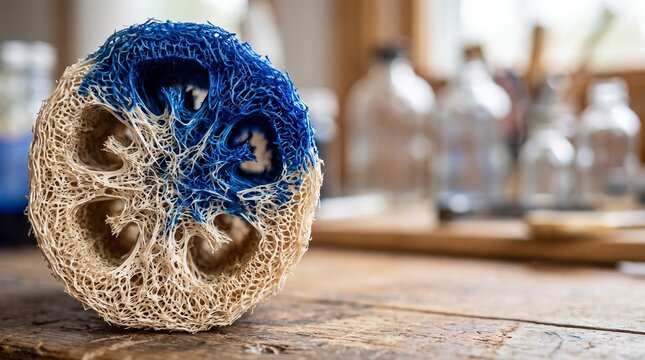 Natural loofah sponge section dyed with bright blue pigment sits on weathered wooden table.
