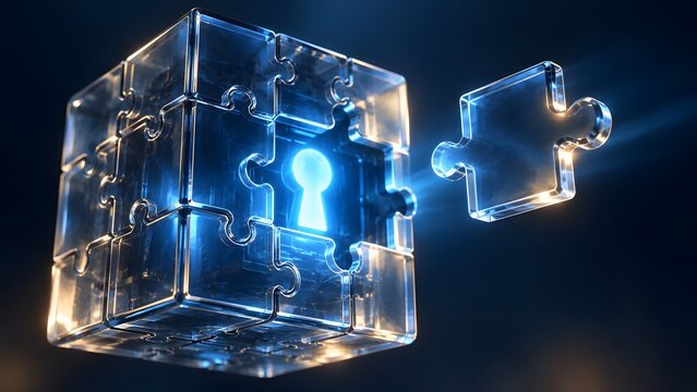 Transparent glass puzzle cube missing one piece revealing glowing blue keyhole inside symbolizing cybersecurity solution