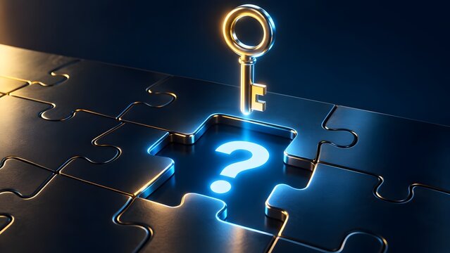 Glowing golden key hovering over question mark on dark metallic puzzle board representing problem solving